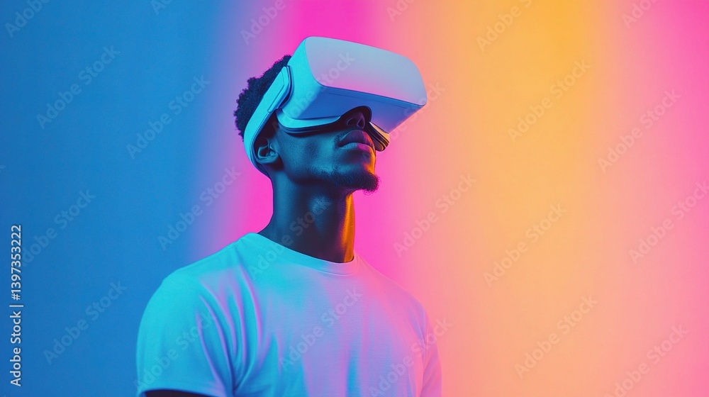 Poster man engaged in virtual reality experience with colorful background