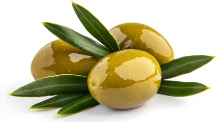 Fresh Green Olives with Olive Leaves Isolated on White Background