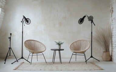 Minimalist Studio Setup: Two Wicker Chairs, Microphones, and a Calm Atmosphere