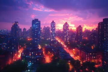 Vibrant city skyline bathed in sunset colors