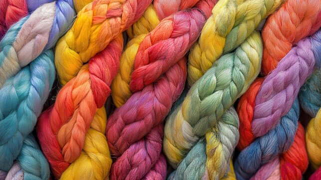 Braided strands of vibrant colored fiber appear closely together