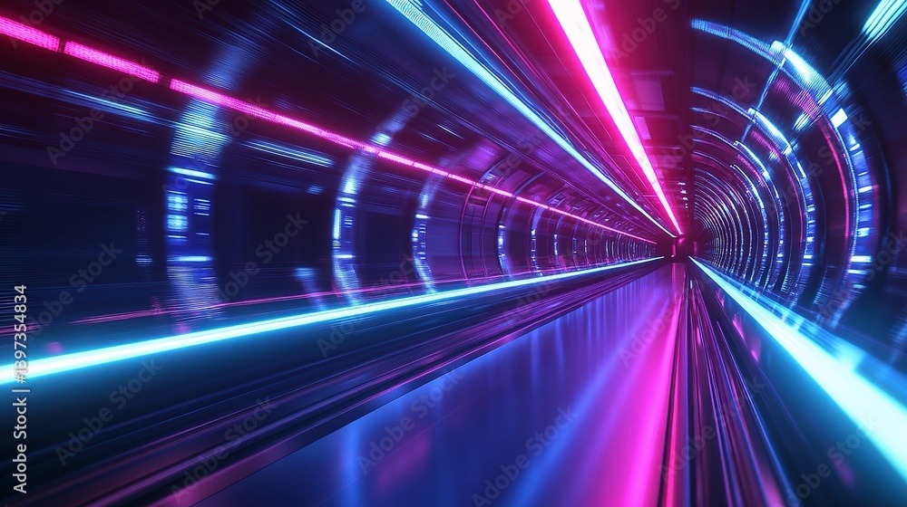 Poster futuristic hyperloop tunnel with neon lights and blurred motion