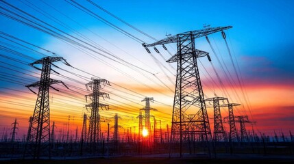 A dramatic shot of utility poles during a sunset, with silhouetted wires creating a pattern against the colorful sky, capturing the beauty of infrastructure