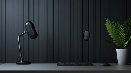 Sleek Black Microphones and Keyboard on Dark Desk: Minimalist Studio Setup