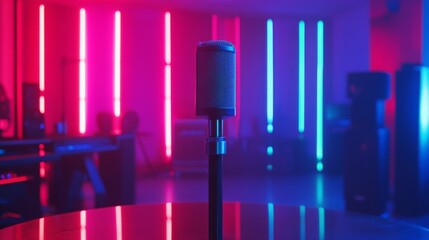 A dynamic shot of a modern condenser microphone on a sleek black stand, set against a blurred background of music studio equipment, emphasizing audio quality
