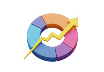 Colorful pie chart with a yellow arrow pointing upward indicating growth