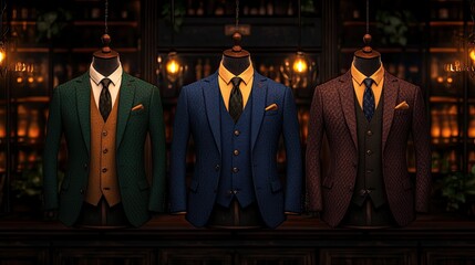 Obraz premium Stylish suits displayed on mannequins in a dimly lit bar setting