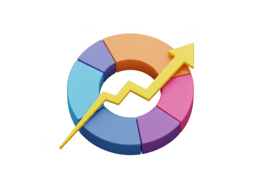 Colorful pie chart with a yellow arrow pointing upward indicating growth