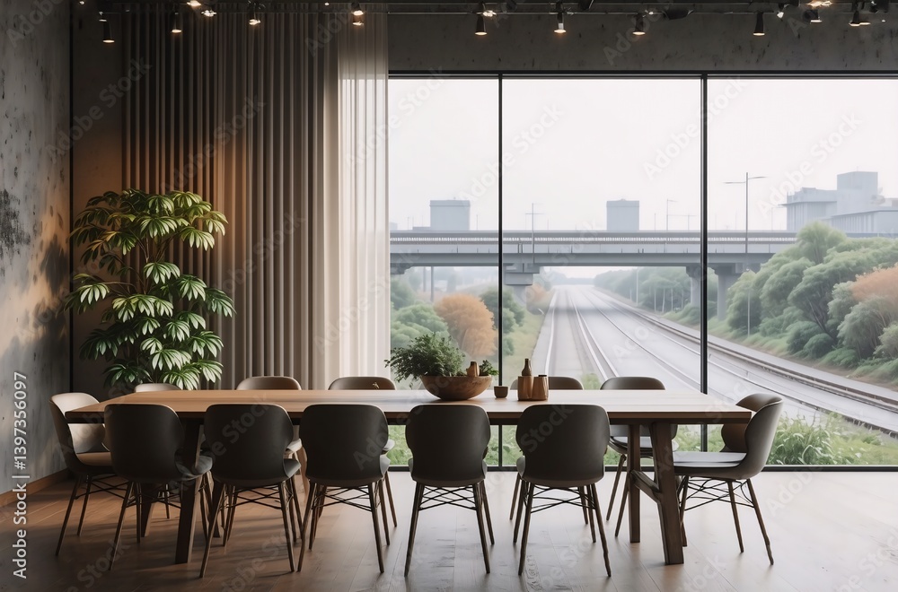 Poster modern dining room with large windows offering a city and highway view. long wooden table is surroun