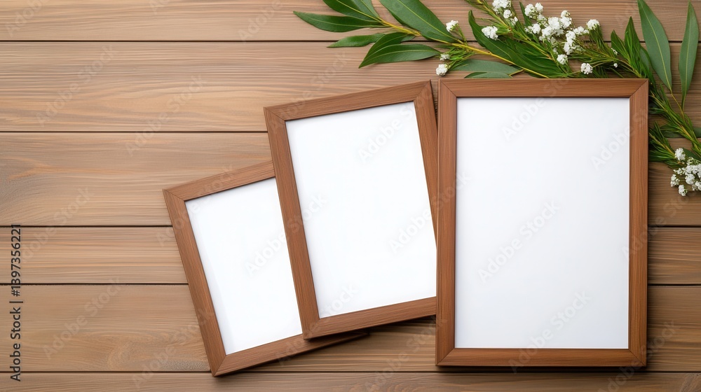 Poster elegant wooden picture frames with blank spaces surrounded by greenery on a rustic wood background