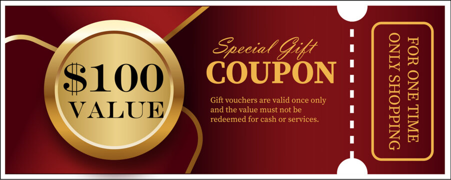 red gold voucher tiket shape 250mm x 100mm