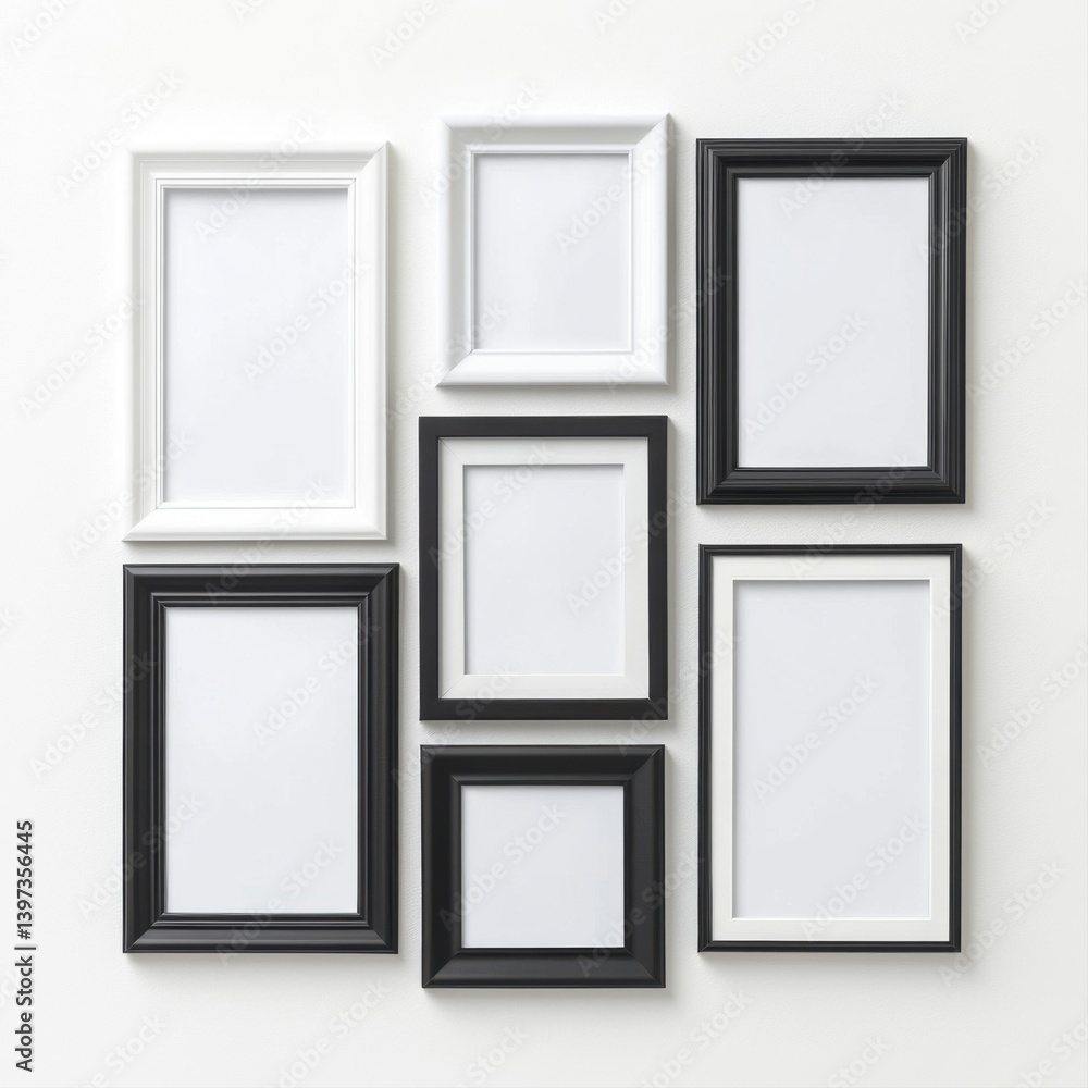 Poster decorative empty frames collection on white wall ready for personalization and creativity display