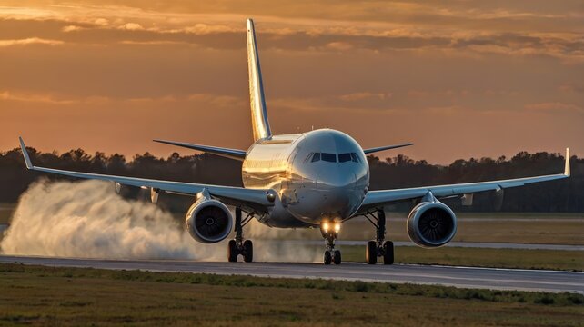 Airplane departure from runway rear view travel background.