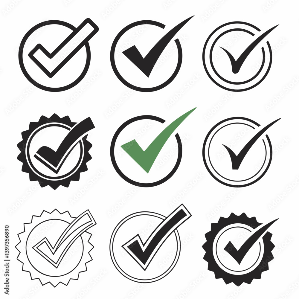 Poster vector check mark icons set - tick marks circles badges - confirmation approval black green outline 