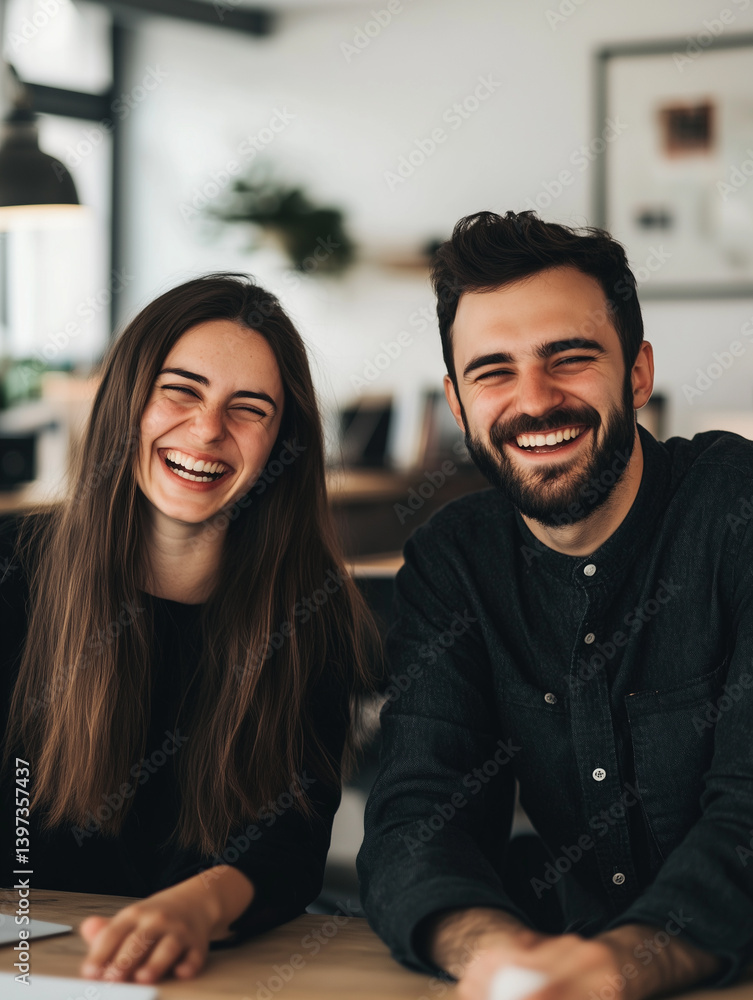 Poster colleagues enjoying a light moment at a shared desk in a modern office environment during the workda