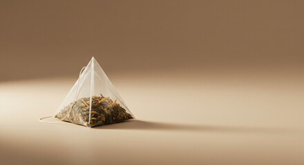 Pyramid tea bag filled with tea grains. Herbal infusion in triangular sachet. Healthy drink in daylight for label design, relaxation concept and food blog background