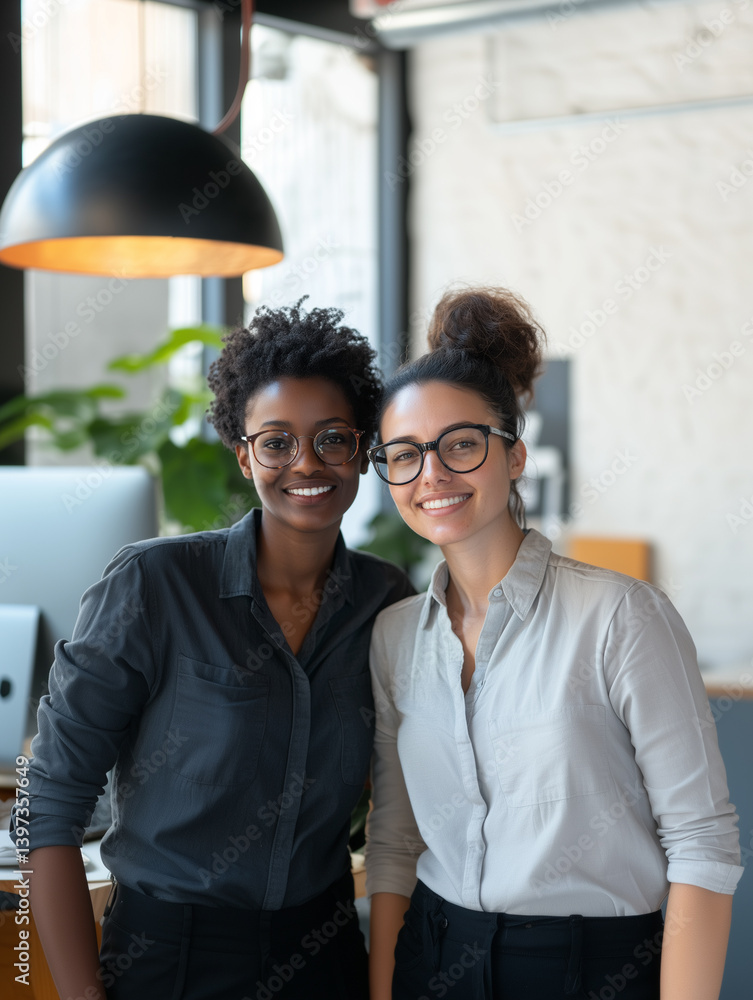 Poster two professionals collaborate in a casual office setting while smiling and posing for a friendly mom