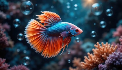 Obraz premium Bright Betta Fish Encircled by Bubbles and Coral. An picture of generative AI