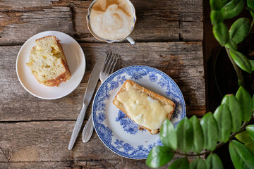 toast with cheese. homemade bread. Top view. Wooden background	
