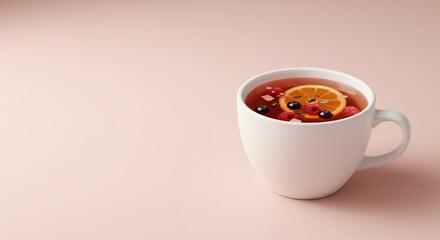 Mug filled with delicious herbal tea with orange, raspberries, blueberries and spice, served hot for cold autumn days, drink close-up for relaxation, healthy food concept