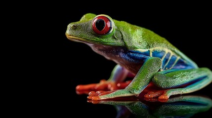 Naklejka premium Green Tree Frog Posing Against Black Background