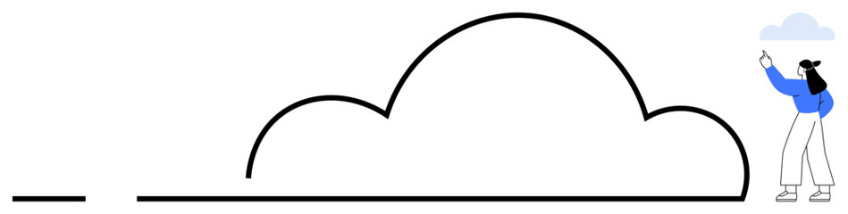 Woman pointing at minimalist cloud-shaped element, expressing creativity, technology, data storage, innovation, inspiration, connectivity, and collaboration. Ideal for flat simple metaphor