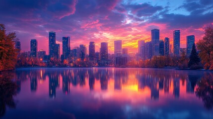 Obraz premium City skyline reflecting on water at dusk; buildings, trees, and colorful sky