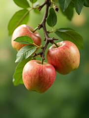 Red apples hanging on a tree branch with green leaves, vibrant fruit in natural orchard setting, fresh organic produce, healthy food background, high-quality stock photo, close-up