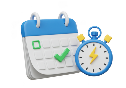 Calendar with green checkmark and blue stopwatch clock illustration
