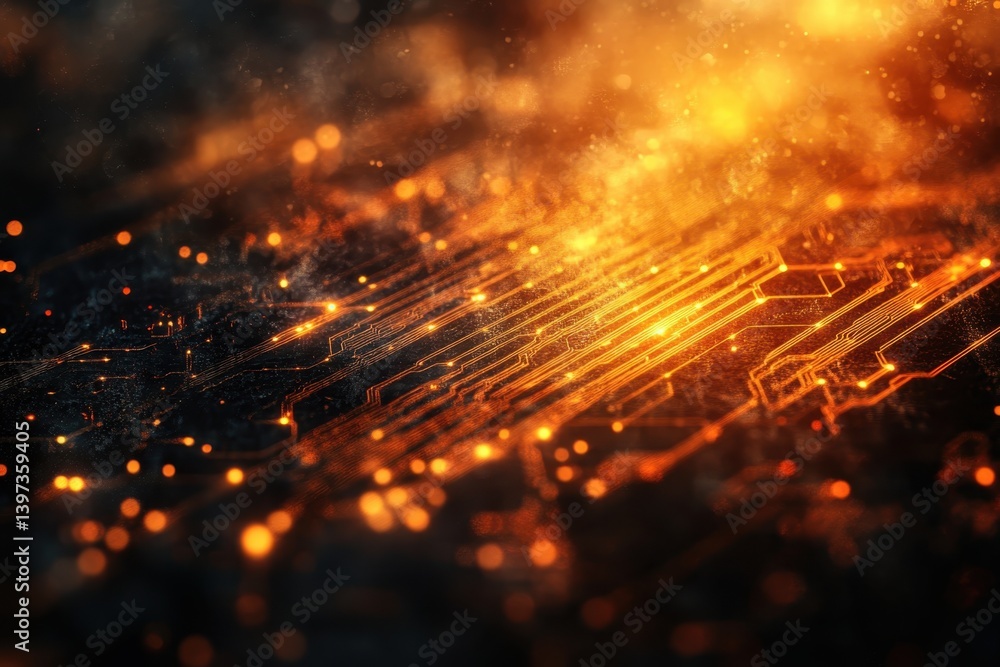 Poster abstract close-up of glowing circuit board patterns with orange light and dark background