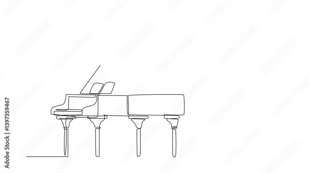 Poster animation of continuous one line drawing a grand piano on top of which there are flying sheets of pa