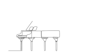 Animation of continuous one line drawing a grand piano on top of which there are flying sheets of paper. The musical performance is over. Fest. International Jazz Day. Full length motion