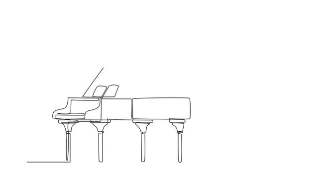 Animation of continuous one line drawing a grand piano on top of which there are flying sheets of paper. The musical performance is over. Fest. International Jazz Day. Full length motion
