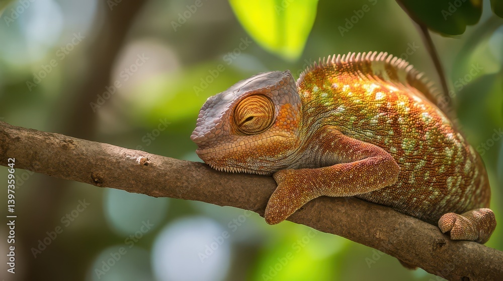Poster a resting chameleon is situated on a tree branch in daylight