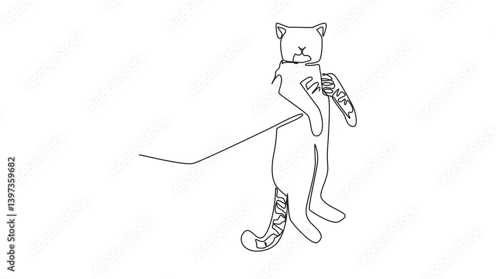Poster animated self drawing of single one line drawing tabby cat carried by 2 hands. play with the favorit