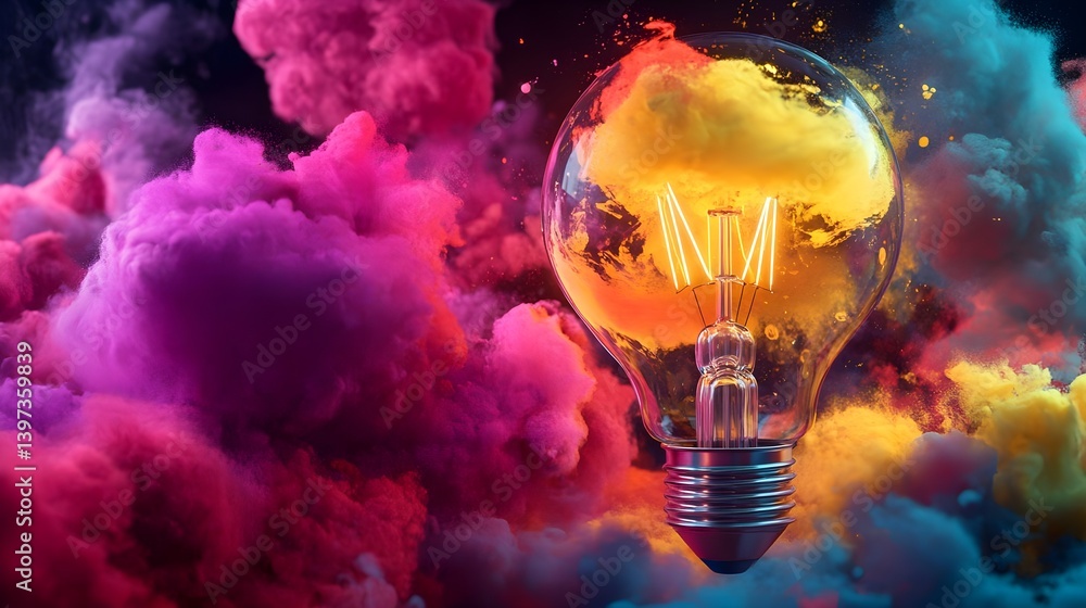 Canvas Prints artistic warm yellow light bulb surrounded by colorful gradient clouds