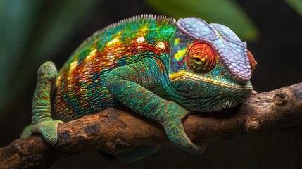 Fototapeta premium A colorful chameleon is perched comfortably on a tree branch