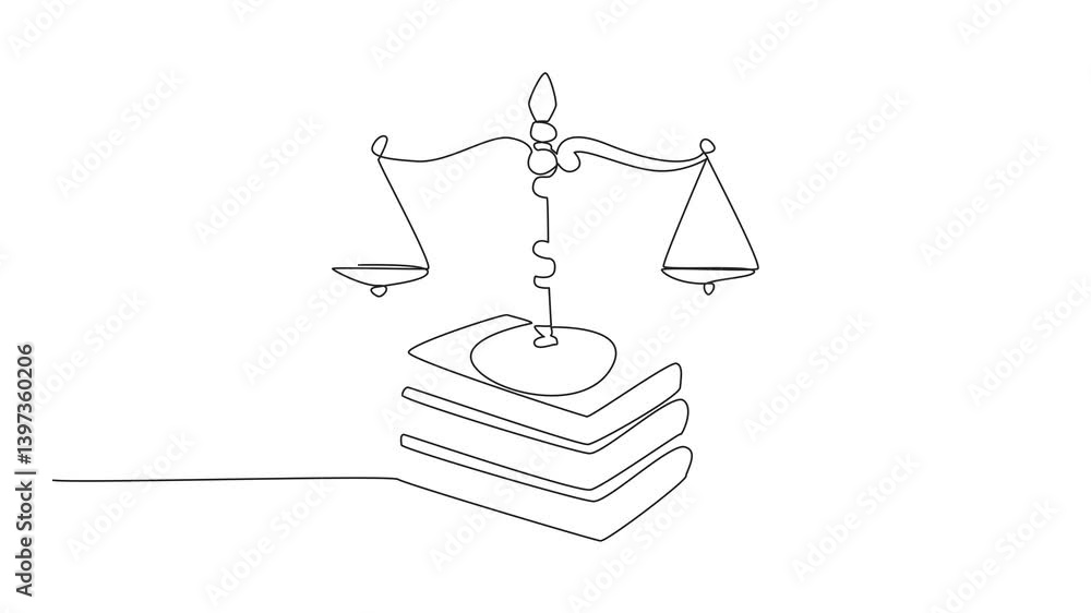 Poster animation of continuous one line drawing scale on top of 3 stacks of thick books. symbol of the rule