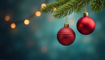 Fototapeta premium Colorful Christmas ornaments hanging from a branch , outdoor, tree