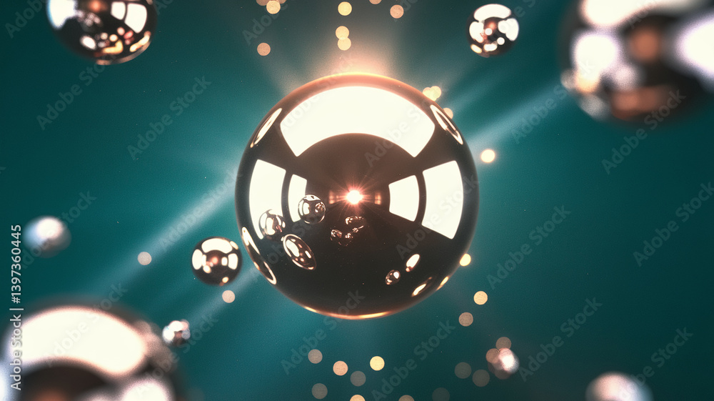Poster metallic sphere reflecting light, surrounded by smaller spheres on teal background, creating a futur