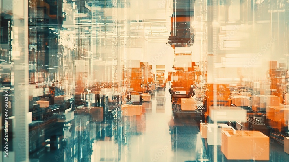 Poster double exposure of robotics in assembly line and package handling