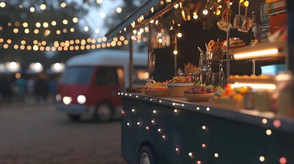 Colorful Food Truck Scene with Bright Lights and Delicious Dishes