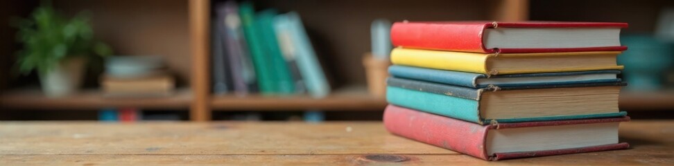 Colorful book stack on wooden table, books, desk