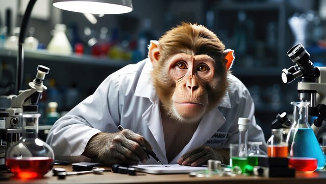 a monkey in a lab coat standing in front of a vat of colorful liquids