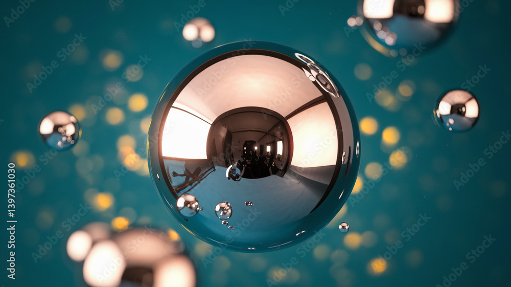Poster reflective sphere with metallic sheen against teal backdrop, smaller spheres scattered, creating an 