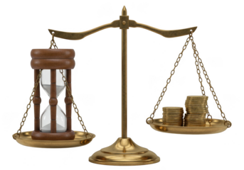 A balance scale with an hourglass and stacks of coins on each side