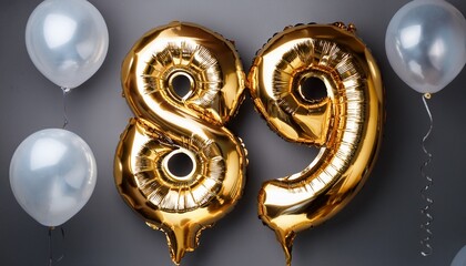 Number 89 with baloons on grey background. Generated image