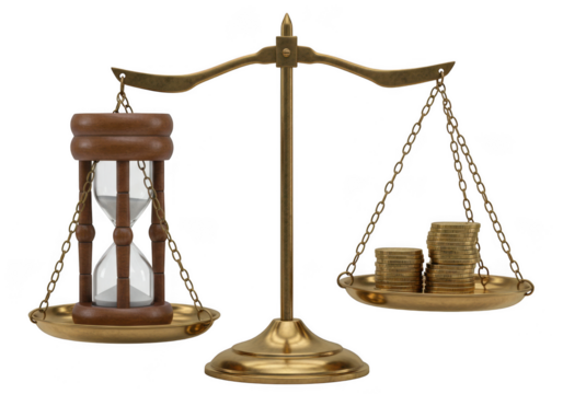 A balance scale with an hourglass and stacks of coins on each side