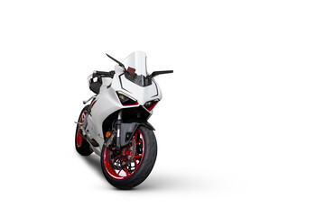 White and red sport motorcycle viewed from the front isolated on transparent background. Sleek...
