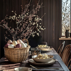 A cozy and festive Easter scene with an elegantly set table. Warm lighting and decorative elements create an inviting atmosphere, making it perfect for home, lifestyle, and holiday marketing visuals.